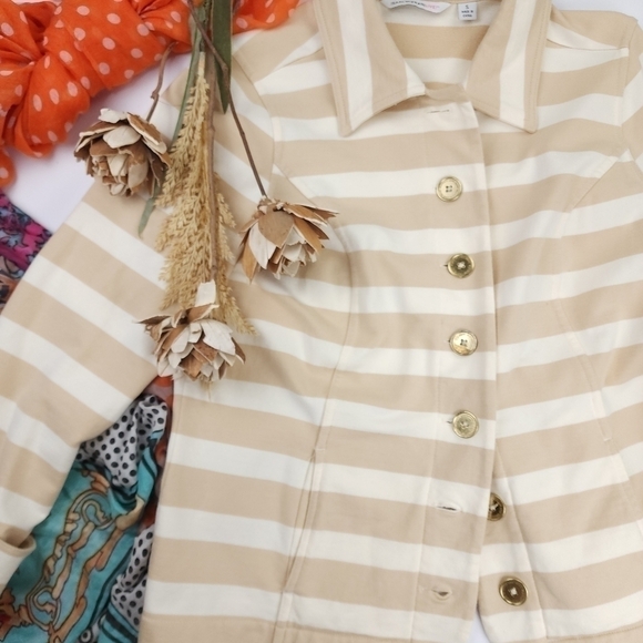 Isaac Mizrahi Cream Tan Stripe Cotton Sweater Blazer Sz S - Picture 4 of 14